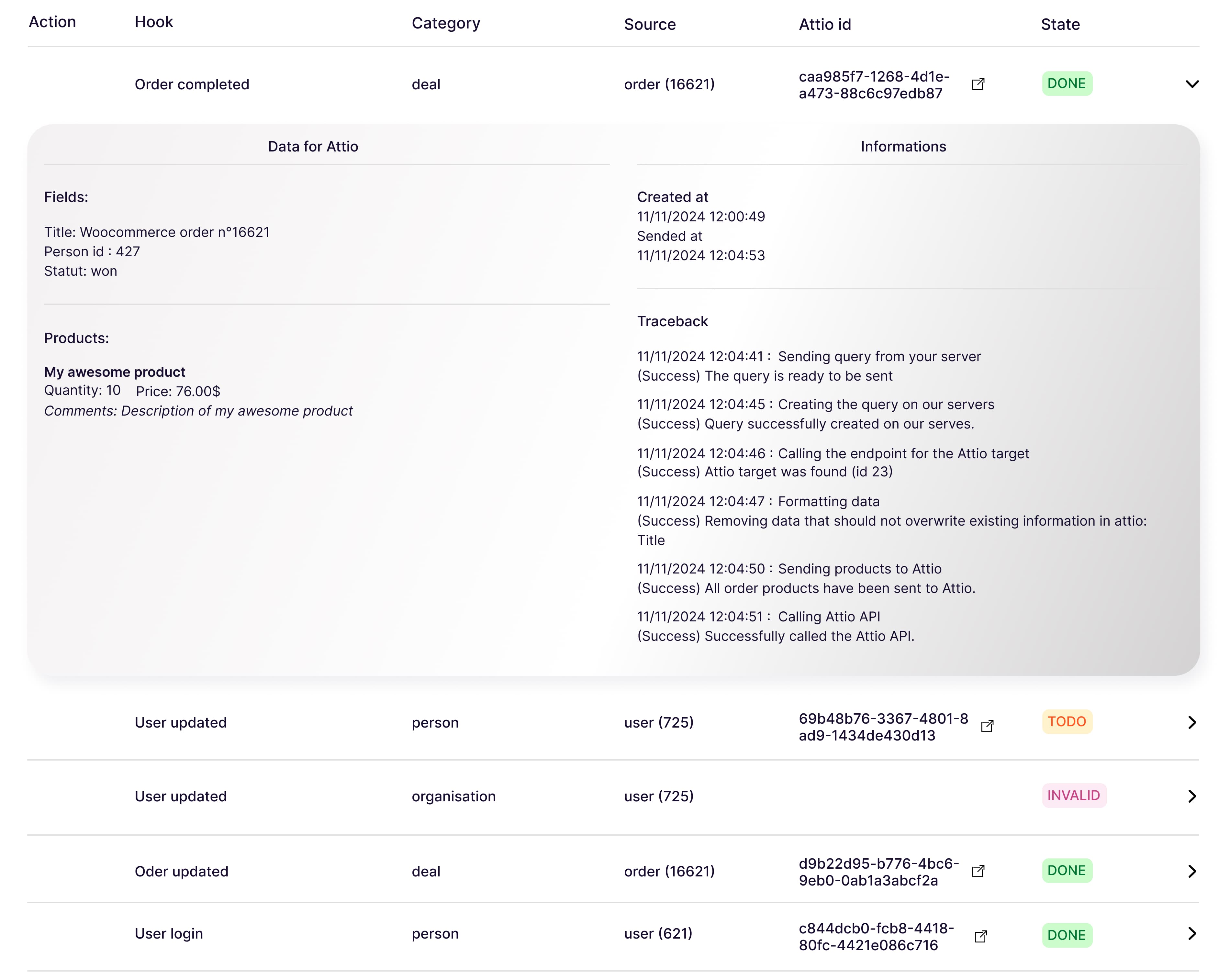 One-click historical sync and the History log of events sent to Attio