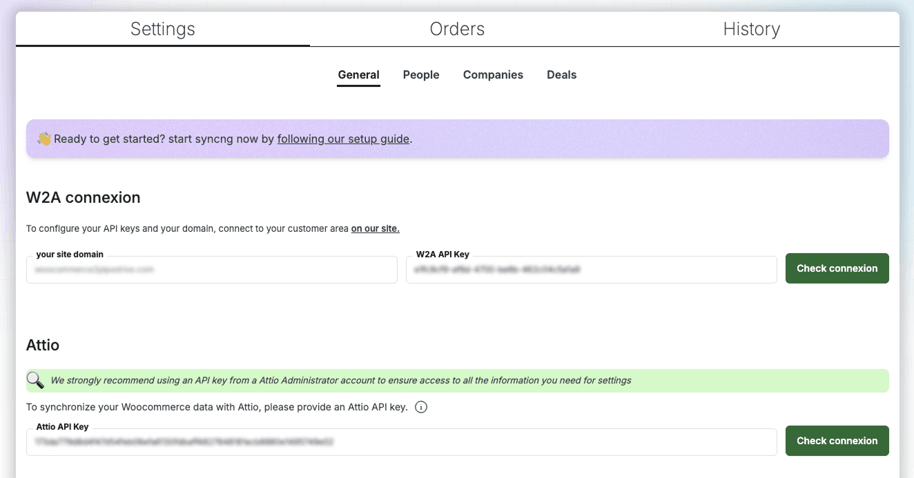 W2A plugin settings — paste your W2A API key and Attio API key here